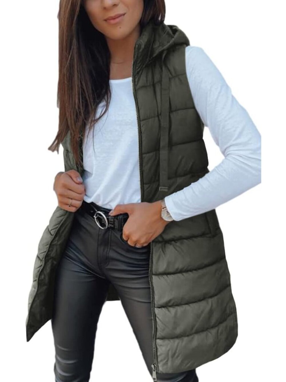 Women Long Vest Sleeveless Hood Winter Puffer Vest Outwear